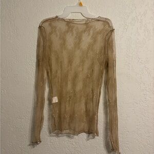 Fitted Sheer Tan Lace Long Sleeve Blouse